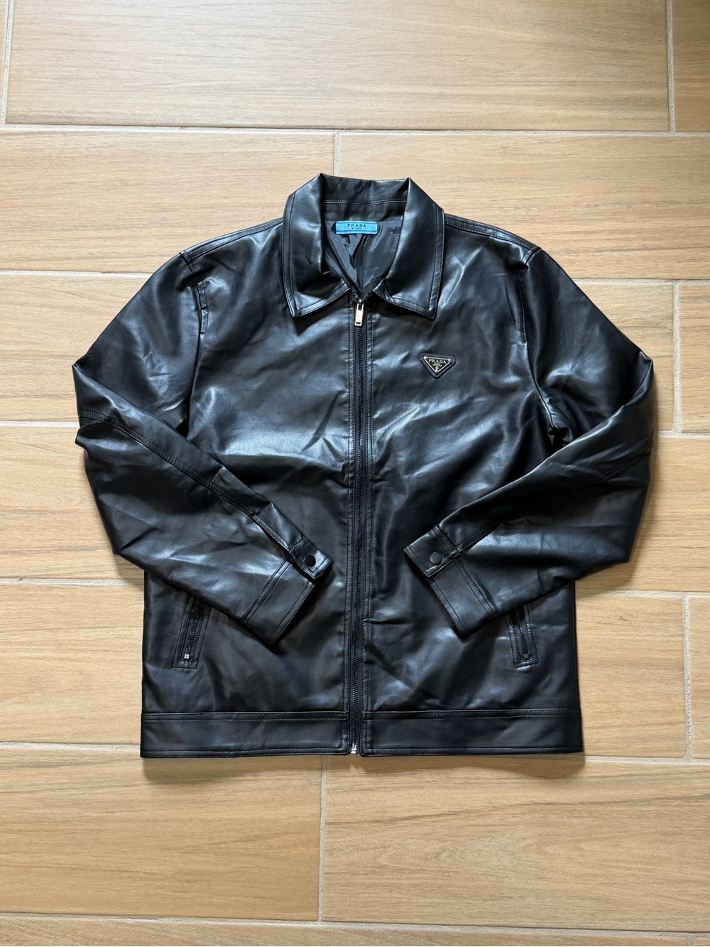 Prada Black Leather Bomber Jacket with Logo
